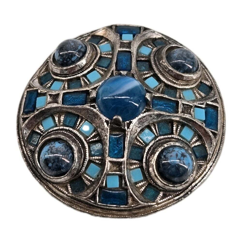 Vtg 70s Miracle Brooch Scottish Celtic Shield Blue Agate Styled Glass Britain